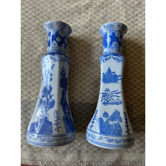 2 China Chinese Blue & White Porcelain Candlesticks Bamboo Prunus & Fungi pair - Picture 16 of 16